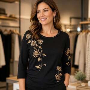 Graff Wear Black Gold Floral Embroidered Beaded 3/4 Sleeve Knit Top